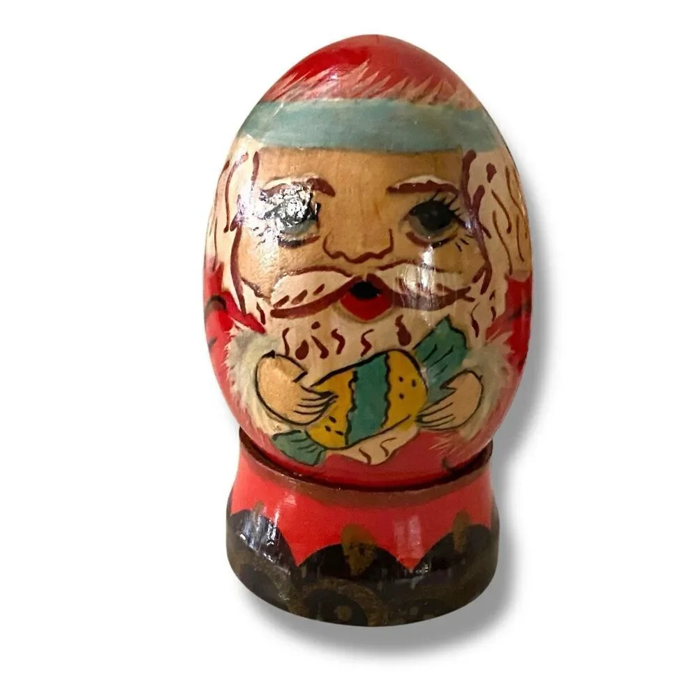Vintage Hand Painted Wood Egg Folk Art Santa Claus St Nikolas European Set of 3